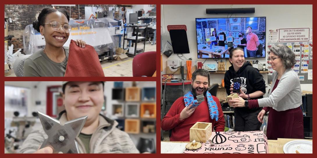 People at MakeHaven smiling and showing off projects they created, including a sewn item, a metal star, and wooden crafts, in a workshop setting