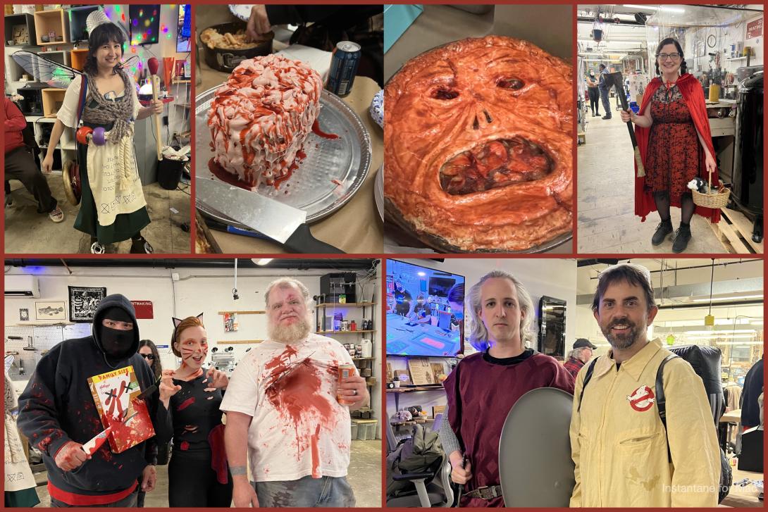 A collage of six photos from a Halloween potluck at a makerspace. Top left: a smiling person dressed as a whimsical fairy or witch, with wings, a broom, and a handmade apron. Top center: a brain-shaped cake dripping with red icing resembling blood. Top right: a pie decorated with a grotesque human face made of pastry. Middle right: a person dressed as Little Red Riding Hood holding an axe and a small basket with a plush wolf inside. Bottom left: a group of three people in gory costumes