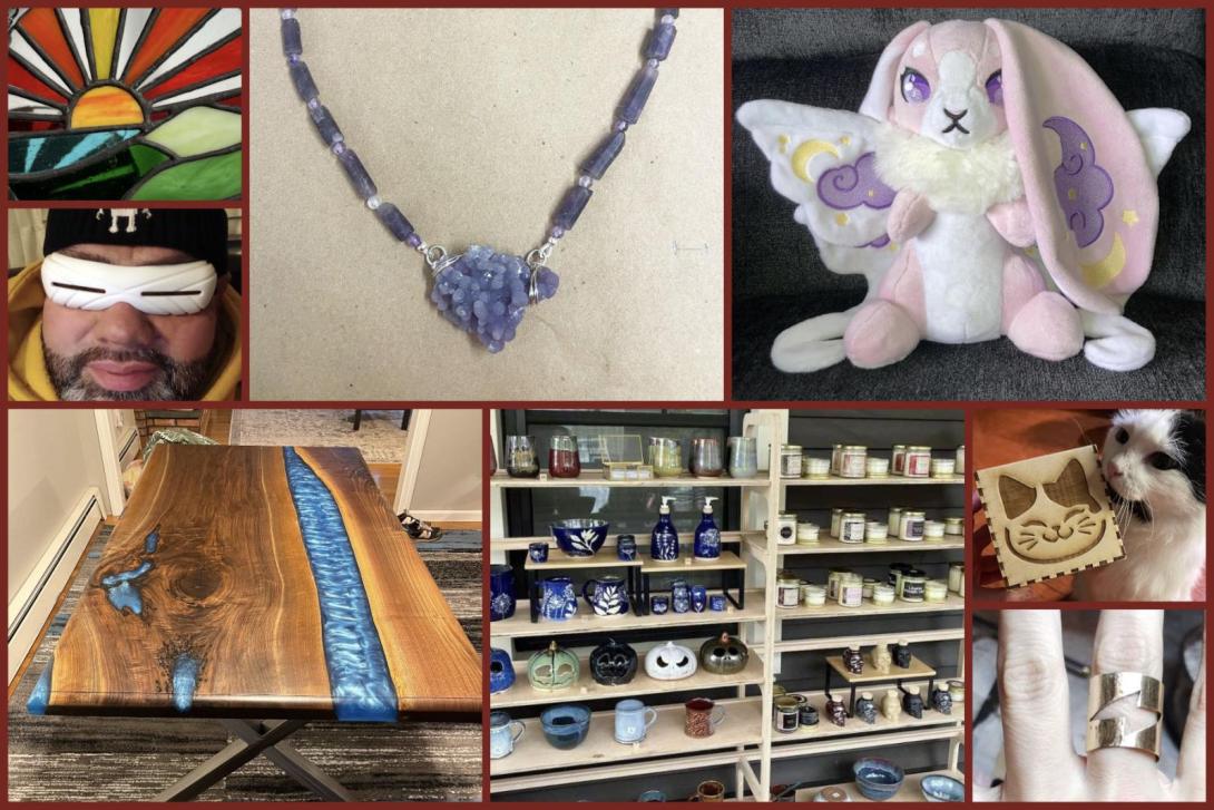 A collage of handmade creations from a makerspace. Top left shows a stained-glass panel of a rising sun over green hills. Below it, a man wearing a beanie and white futuristic eye mask smiles slightly. Center top shows a beaded necklace with purple stones and a cluster of crystals in the middle. Top right is a plush pink bunny with large purple eyes, wings, and a cape decorated with clouds and moons. Bottom left shows a wooden table with a striking blue epoxy river down the middle.