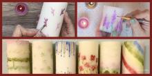 2 images of hands painting colored wax on white candles. 1 image of a row of 6 painted candles