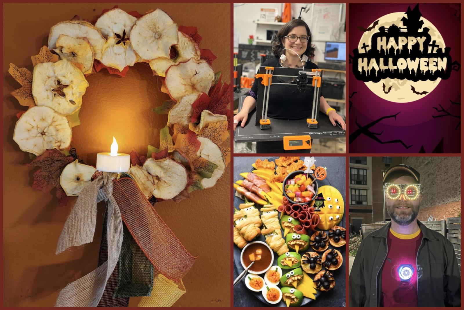 This collage includes a fall wreath, a woman dressed as a 3D printer, a "Happy Halloween" graphic, a Halloween-themed snack platter, and a man wearing light-up glasses with an Iron Man chest piece.