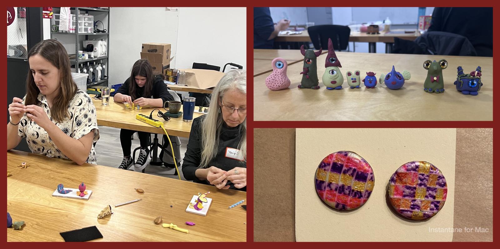 This collage features three distinct images from what appears to be a crafting workshop. The larger left image shows three people focused on creating small polymer clay figures at a table, while the top right image displays a row of whimsical, colorful clay creatures, and the bottom right image shows a close-up of two intricately patterned, circular clay pieces with red, purple, and gold tones.