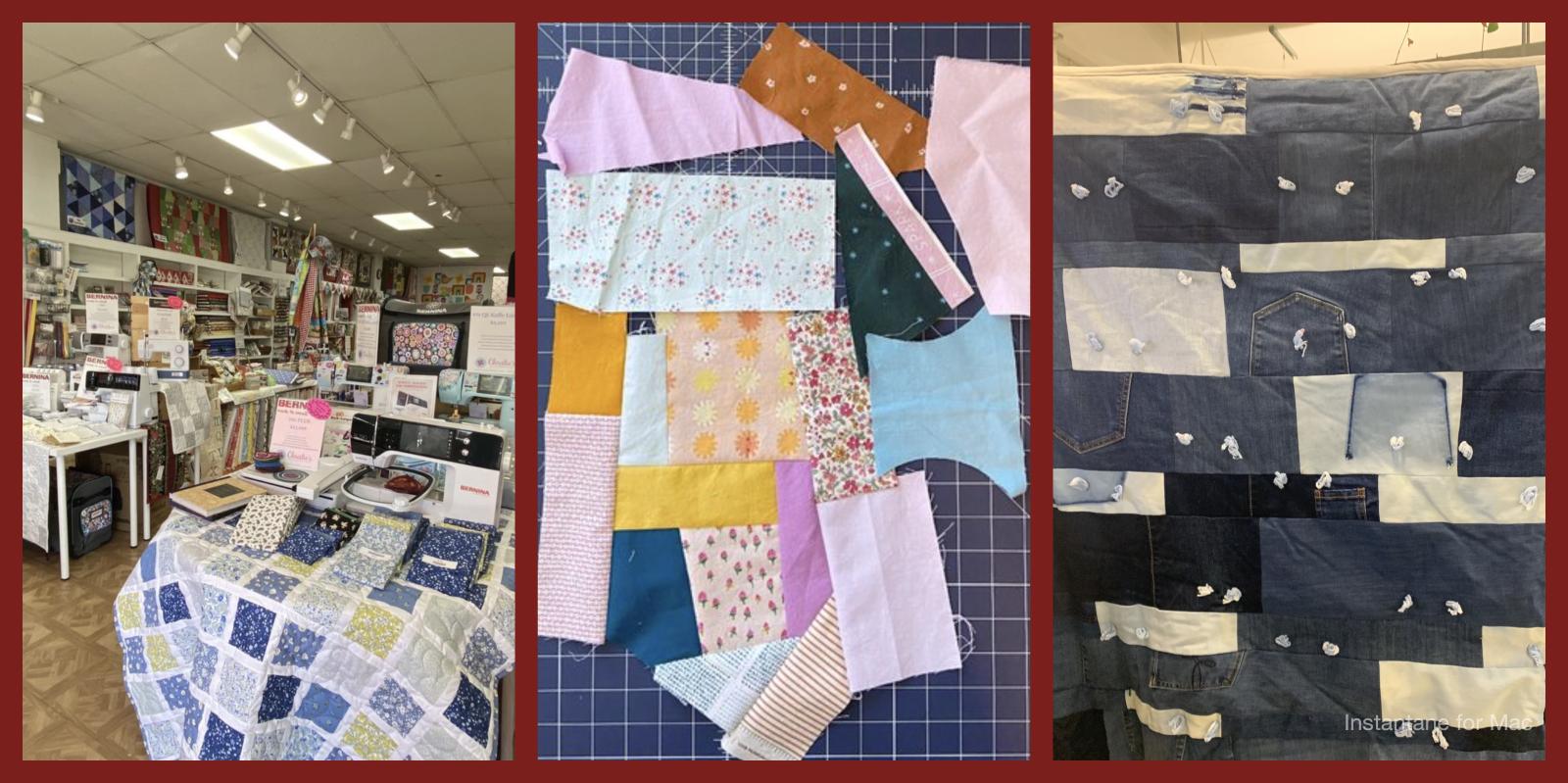 1 image of a quilting store, 1 image of scraps of fabric, 1 image of a completed denim scrap quilt