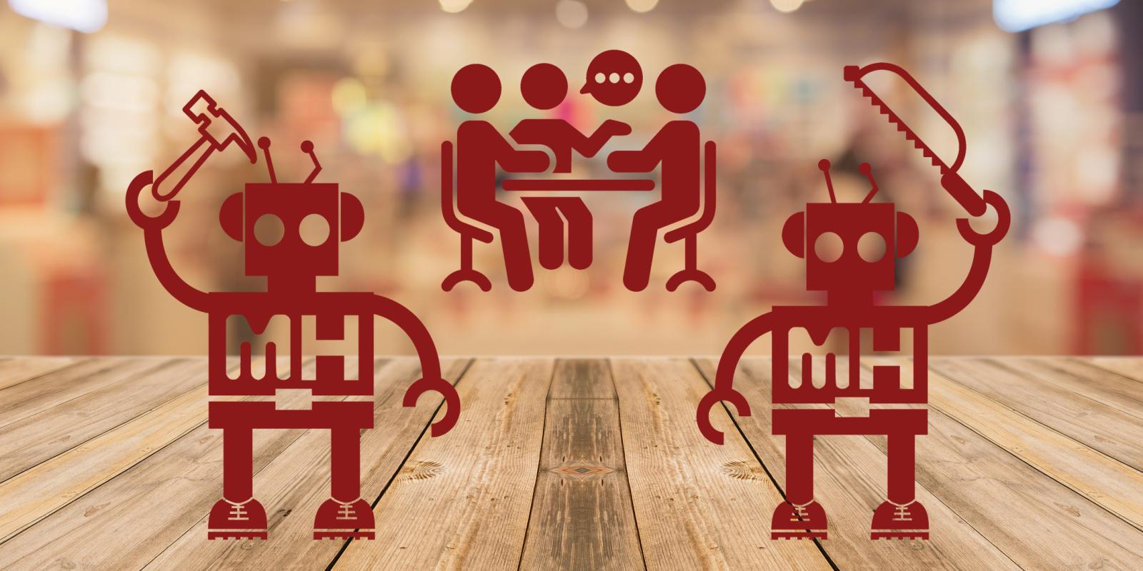 The image shows two red robot-like figures holding tools, one with a hammer and the other with a saw, standing on a wooden surface. In the background, there is a graphic of three human figures seated at a table, engaged in conversation, represented by a speech bubble with dots, all against a blurred indoor setting.