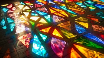 This image shows an array of colorful stained glass shards, casting vibrant reflections of light onto a surface. The pieces of glass are in various shapes and hues, including rich blues, reds, yellows, and greens, creating a stunning mosaic-like pattern of light and color.