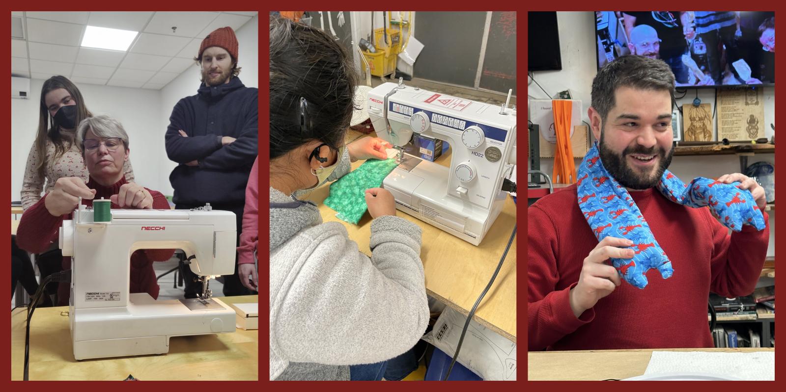 various members using the sewing machine at MakeHaven