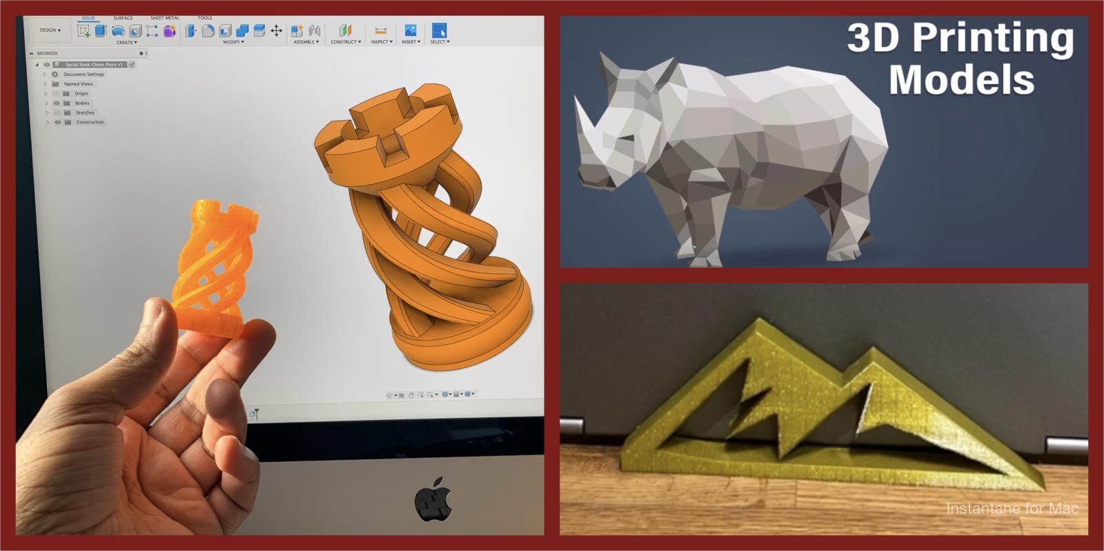 1 image of a 3d print in front of the digital design, 1 image of a 3d printed mountain