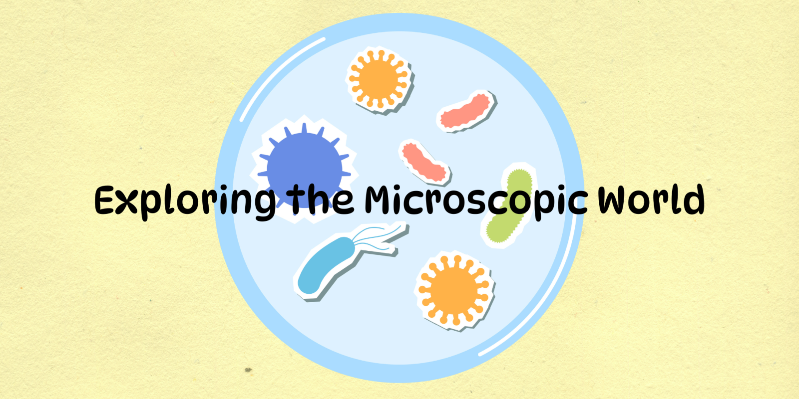 The image features a circular petri dish filled with colorful, stylized illustrations of microscopic organisms such as bacteria and viruses in shades of blue, green, orange, and red. Below the dish, the bold, playful text "Exploring the Microscopic World" is displayed on a soft yellow background, emphasizing curiosity and discovery.