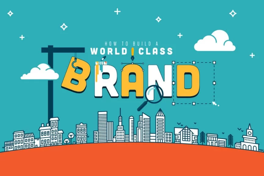 A stylized image of the words "branding" with a blue sky and cityscape behind it