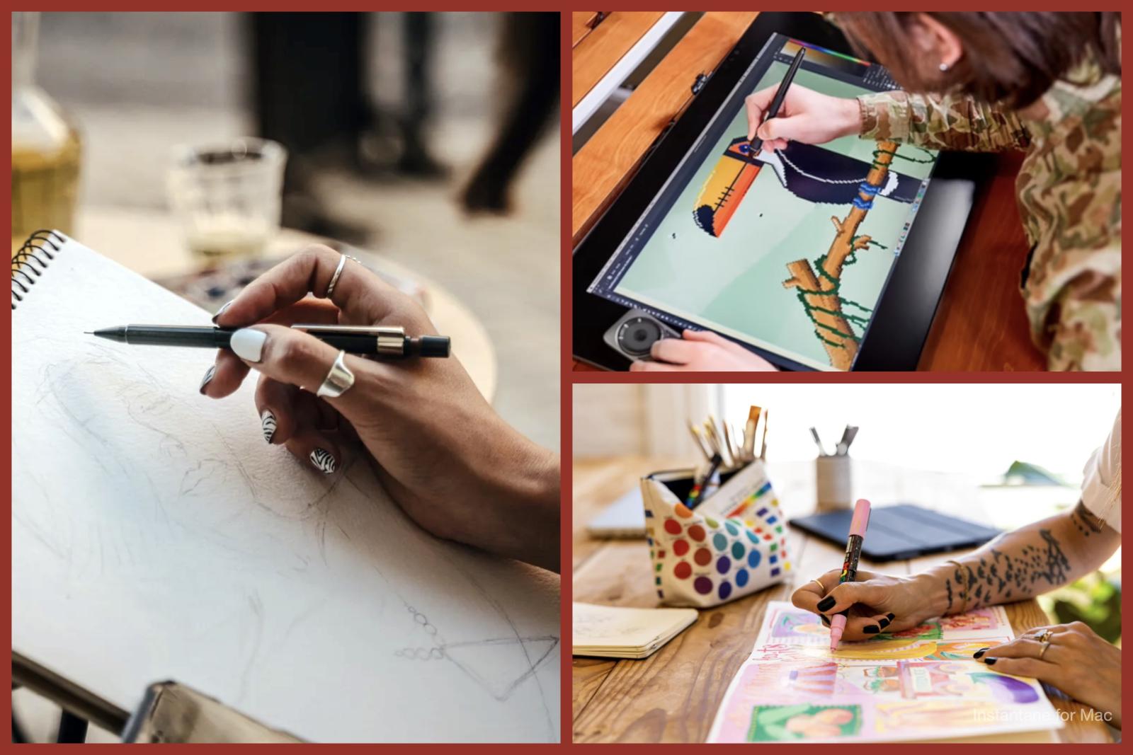 This collage features three images of people engaged in different forms of artistic expression: one person sketching with a mechanical pencil in a spiral-bound sketchbook, another creating a colorful digital illustration of a toucan on a drawing tablet, and a third artist using vibrant markers to fill a sketchbook with bright, detailed artwork. The scenes capture a variety of creative processes, from traditional pencil sketches to digital and mixed-media illustrations, all set in inviting, artistic environm