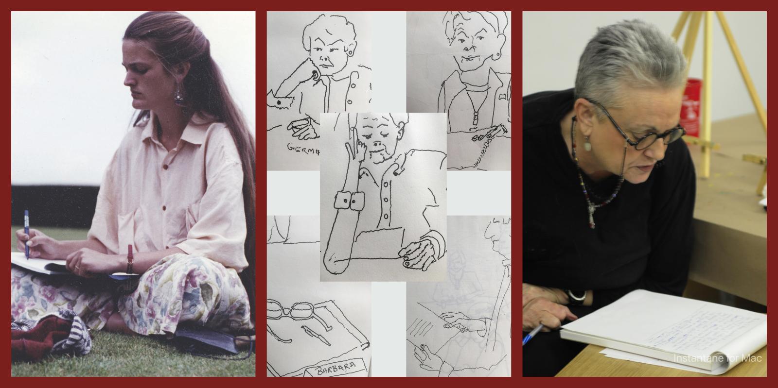 1 image of a woman writing in a notebook, 1 image of an older woman reading from a notepad, 1 cartoon of the writing process