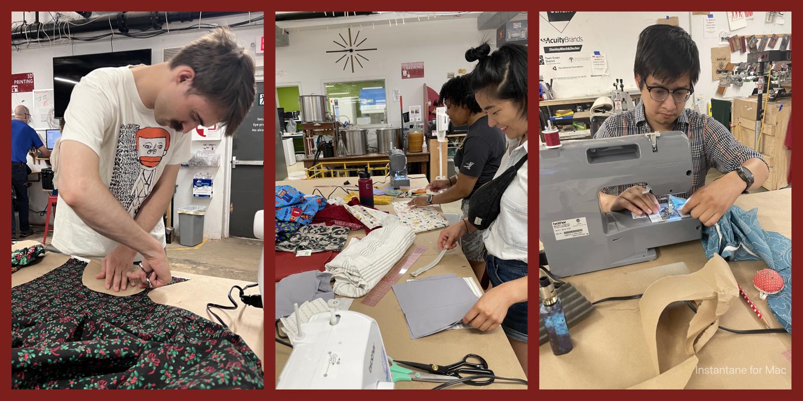 3 images of 4 different people using a sewing machine