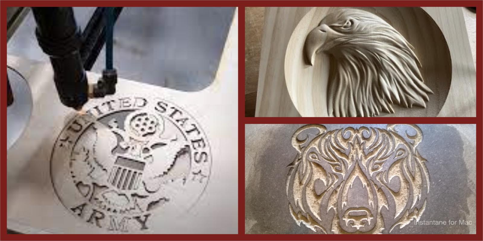 An image of a bear, an eagle and a military emblem all done in Carve