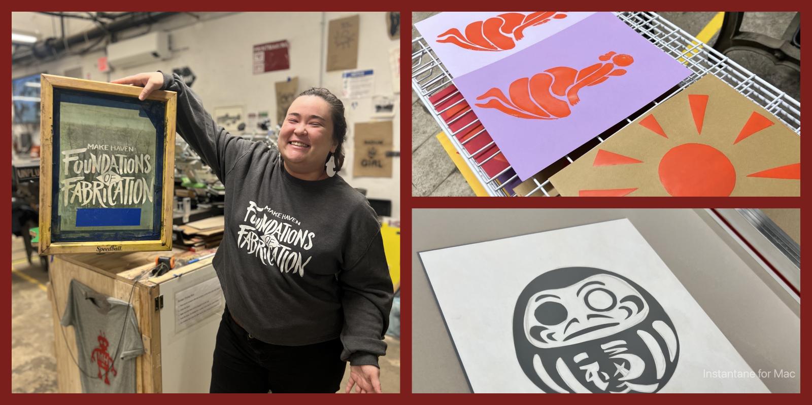 1 image of someone holding up a screen, while wearing a sweatshirt with the same image. 2 images of paper screen prints