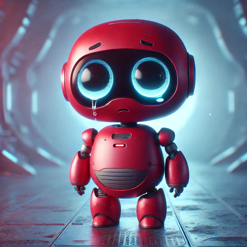 The image depicts a small, cute red robot with a rounded body and glowing blue eyes, standing in a dimly lit futuristic setting. Its slumped posture, downcast eyes, and outstretched mechanical arms convey deep sadness, as if pleading for someone not to leave.