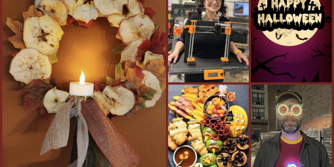 This collage includes a fall wreath, a woman dressed as a 3D printer, a "Happy Halloween" graphic, a Halloween-themed snack platter, and a man wearing light-up glasses with an Iron Man chest piece.