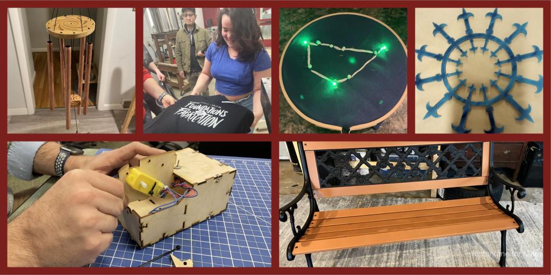 This image collage showcases various projects from MakeHaven’s Foundations of Fabrication program, including woodworking (wind chime), screen-printing (t-shirt design), electronics (LED constellation), laser cutting (wood assembly and acrylic design), and metalworking (bench restoration).