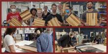 1 image of 6 people showing off their completed cutting boards, 2 images of people working on creating butting boards