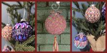 3 images of completed ornaments, in purple red and blue