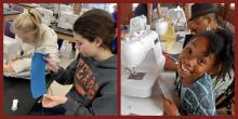 2 images of young adults and children working on sewing machines