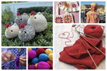  This collage displays various knitted and crocheted items, including adorable plush chickens, vibrant granny square bags, a whimsical popcorn costume, and balls of colorful yarn. Close-up images show hands working with yarn, and a partially completed red knitted piece with needles, emphasizing the creativity and variety in fiber arts.