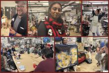  This collage shows a vibrant community workshop with individuals showcasing their creative projects, including laser-engraved art, a crochet vest with skull designs, an apron, and a pixelated mosaic of faces. The setting is a bustling maker space filled with tables, tools, and people engaged in collaborative and artistic activities.