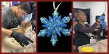 2 images of people pouring resin, 1 image of a blue sparkly snowflake ornament