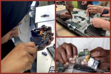 This collage features three images of people carefully disassembling and repairing electronic devices. The photos show close-up views of hands using tools to work on circuit boards, including a person examining the inner workings of a camera, a group collaboratively repairing a television, and another individual delicately handling small electronic components.