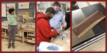 1 image of a woman using the compound miter, 1 image of 4 participants showing off their completed frames, 1 image of 3 different stains on maple picture frames