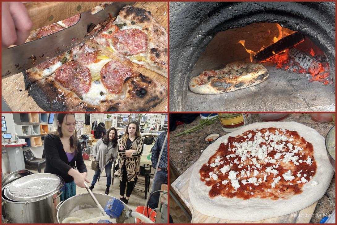 A four-panel collage showing a pizza-making event. Top left: a hand slices into a charred, wood-fired pizza topped with salami and peppers. Top right: a pizza bakes inside a stone wood-fired oven, flames and glowing embers beside it. Bottom left: a smiling person stirs a large brewing pot with a paddle while two onlookers watch in the background of a busy makerspace. Bottom right: an uncooked pizza with tomato sauce and crumbled cheese sits on a floured wooden peel, ready to bake.