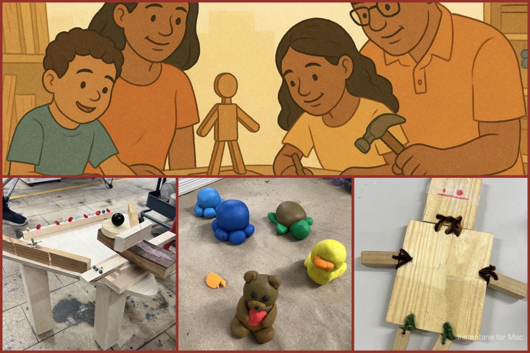 A collage of family-friendly maker activities. The top panel is an illustration of a family working together at a table, smiling as they build with wood. The bottom left shows a homemade marble run built from scrap wood with ramps and a black marble. The bottom center displays colorful clay figures including a blue animal, a green turtle, a yellow duck, and a brown bear holding a red heart. The bottom right features a simple wooden robot figure made from flat wood pieces tied together with pipe cleaners, wi