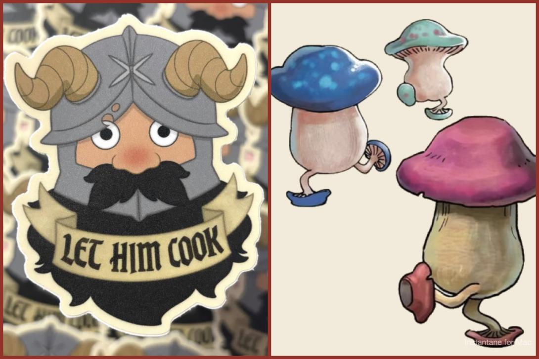 A split image with two cartoon-style illustrations. On the left, a chibi knight with tan horns, a grey helmet, and a large black mustache holds a banner that reads “LET HIM COOK.” The knight has a slightly flushed face and wide, expressive eyes. On the right, three whimsical walking mushrooms have colorful caps — blue, teal, and magenta — and stubby legs, resembling little fantasy creatures striding along. The overall tone is playful and fantasy-themed.
