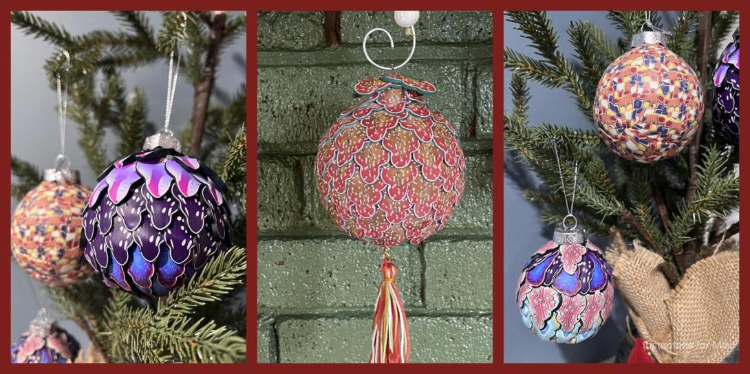 3 images of completed ornaments, in purple red and blue