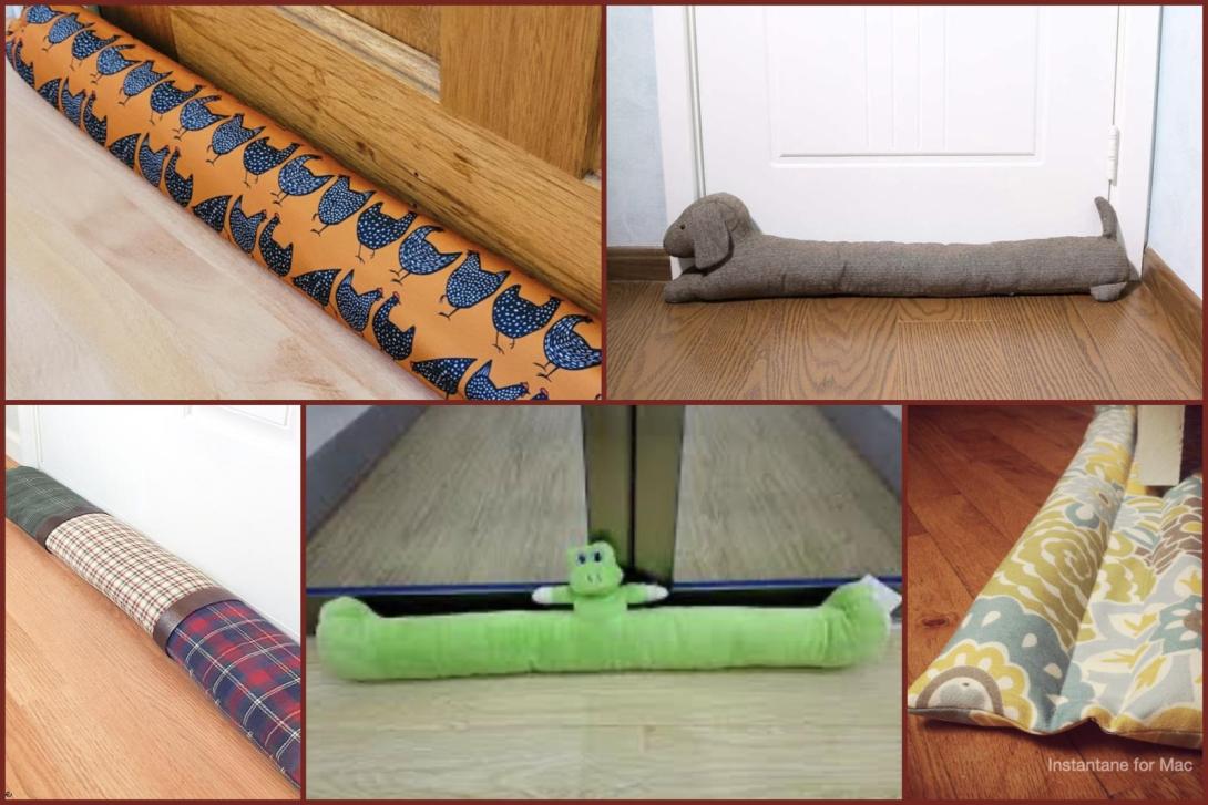 This collage shows five different types of fabric draft stoppers placed at the base of doors. The stoppers are in various shapes and designs, including one with a dog shape, a green plush with a face, and several cylindrical styles featuring patterns like birds, plaid, and floral prints.