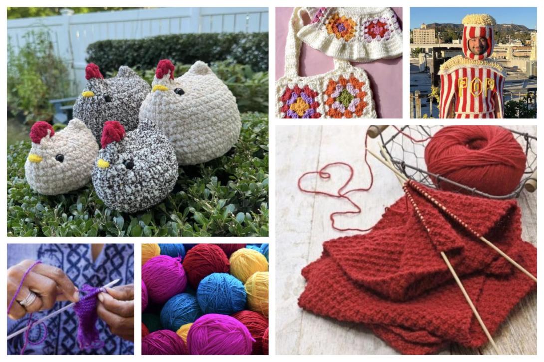 This collage features various knitting and crocheting projects: top left shows four adorable crochet chickens in neutral tones sitting on a hedge, while the bottom right image highlights a red knitted piece in progress with needles and yarn. Other images showcase colorful balls of yarn, a person knitting with purple yarn, a crocheted floral-patterned bag and hat set, and a whimsical costume resembling a striped popcorn box.