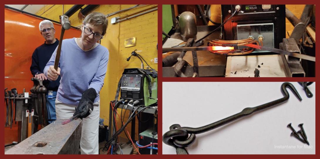 an image of a participant hammering on the forge, an image of red-hot metal in the forge, an image of a blacksmith gate hook