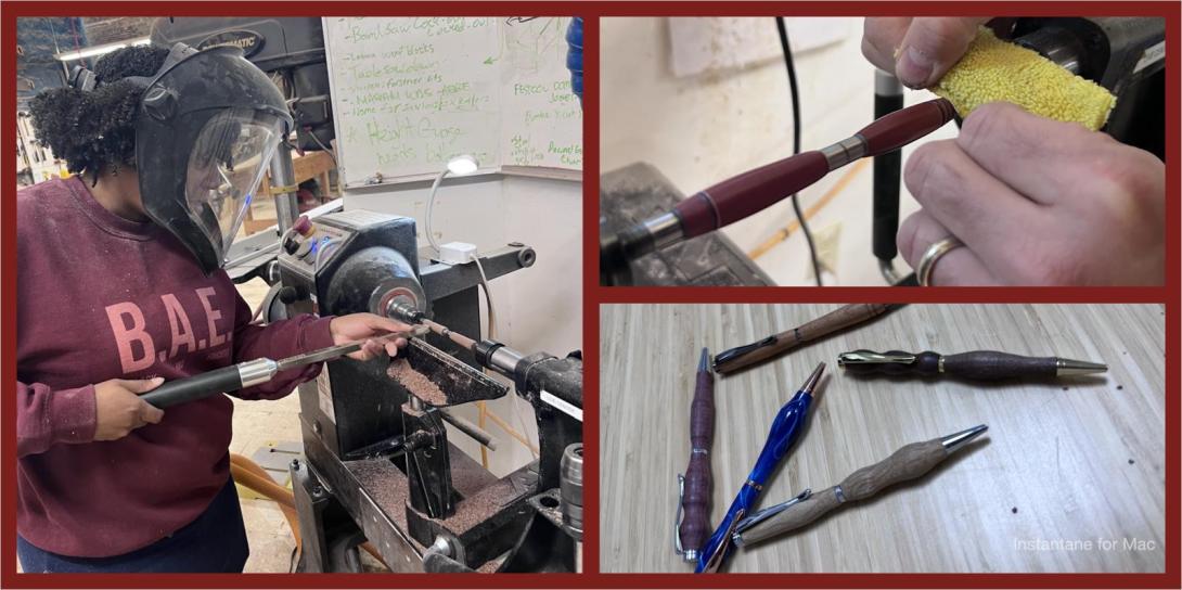 An image of a BIPOC crafter working on a lathe, 3 images of pens made on a lathe