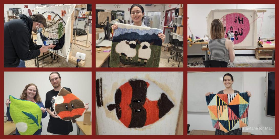 6 images: 3 of completed rugs, 2 of people using a tufting gun, 1 in progress rug