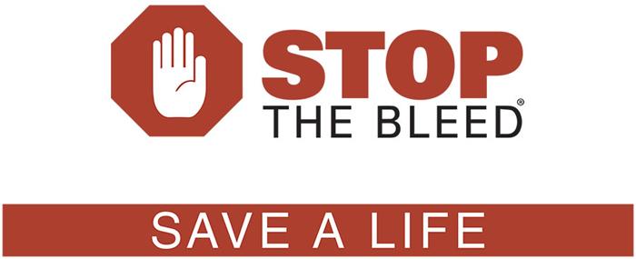 Red Stop The Bleed logo over a red bar with white text reading save a life