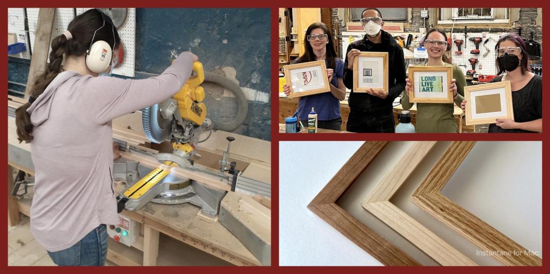 1 image of a woman using the compound miter, 1 image of 4 participants showing off their completed frames, 1 image of 3 different stains on maple picture frames