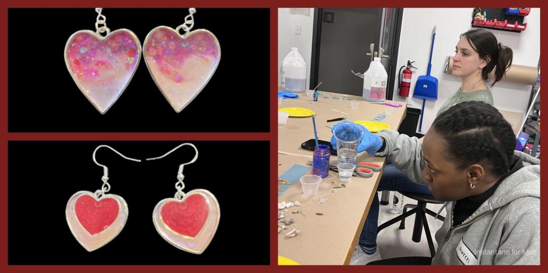 2 images of resin heart earrings. 1 image of someone pouring resin into a small cup