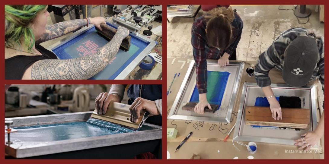 3 images of people pulling ink across a screen to imprint on the cloth below