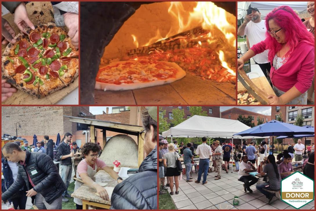 This collage features scenes from a lively outdoor pizza potluck event at MakeHaven, centered around a handmade wood-fired oven. Images show people preparing dough, cooking pizzas in the flaming oven, sharing slices, and enjoying the gathering under tents, with a “DONOR” badge for The Great Give visible in the corner.