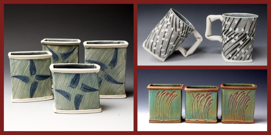 A collage of handmade ceramic cups and vessels: the left shows square tumblers with blue leaf-like patterns on green; the top right shows two gray mugs with diagonal black and white striped designs; the bottom right shows three small square planters with green glaze and red abstract grass motifs.